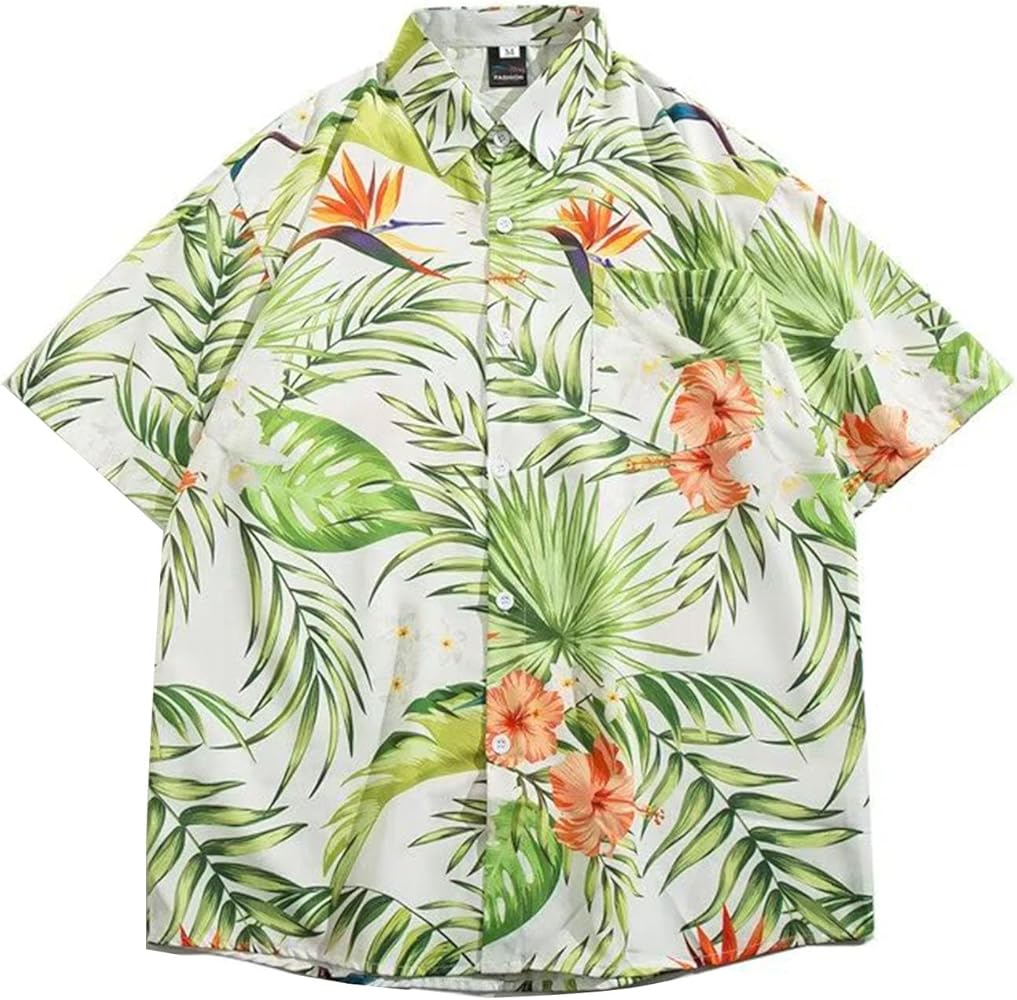 Flygo Hawaiian Shirt for Men Short Sleeve Casual Button Down Aloha Shirts Tropical Unisex Floral Printed Vacation Summer Tops