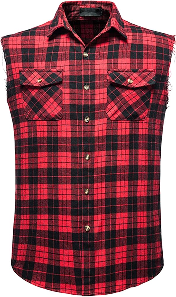 Mens Sleeveless Plaid Shirt Casual Flannel Button Down Shirts Loose Fit with Pocket