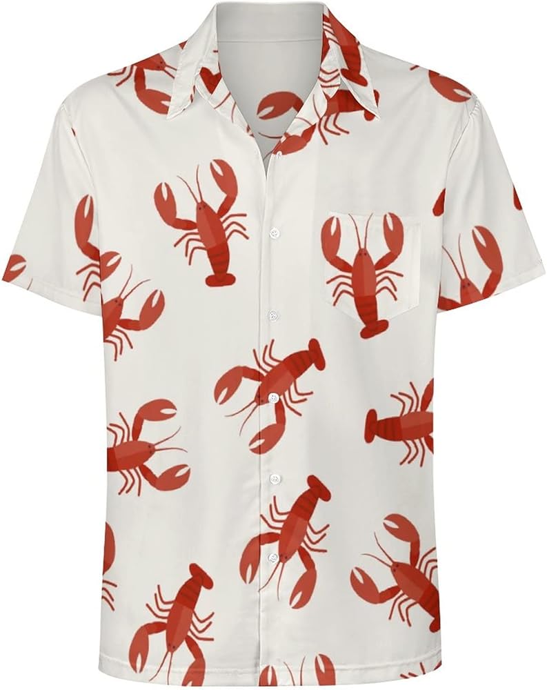 Delerain Red Lobsters Crawfish Shirt for Men Retro Big and Tall Button Down Shirts Casual Aloha Short Sleeve Shirts