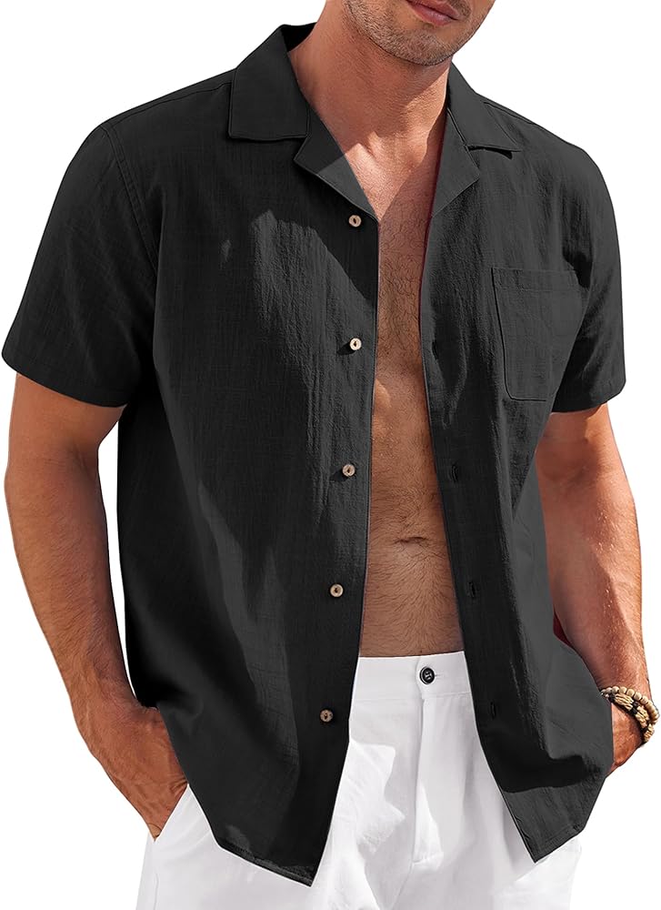 COOFANDY Beach Shirts for Men Button Up Short Sleeve Untucked Shirts Leisure Vacation Shirts (Black, XXX-Large)