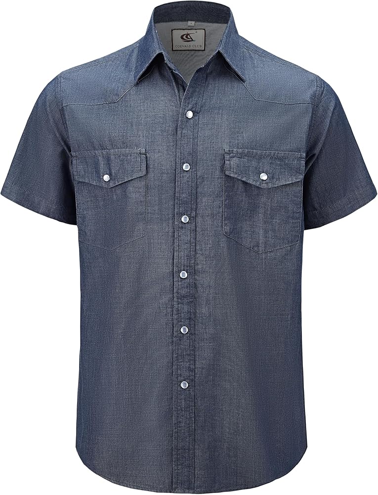 Men's Denim Western Cowboy Pearl Snap Short Sleeve Casual Button Down Up Work Shirts