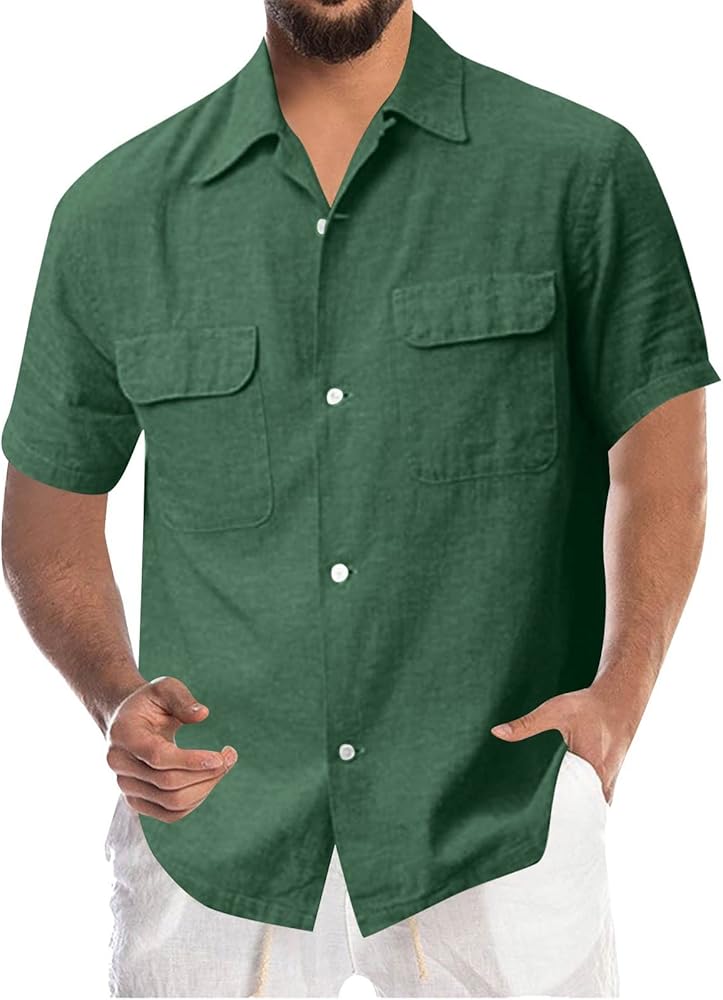 Mens Solid Color Short Sleeve Shirt Casual Loose Fit 2-Pocket Shirt Summer Stylish Button Down Shirts Big and Tall