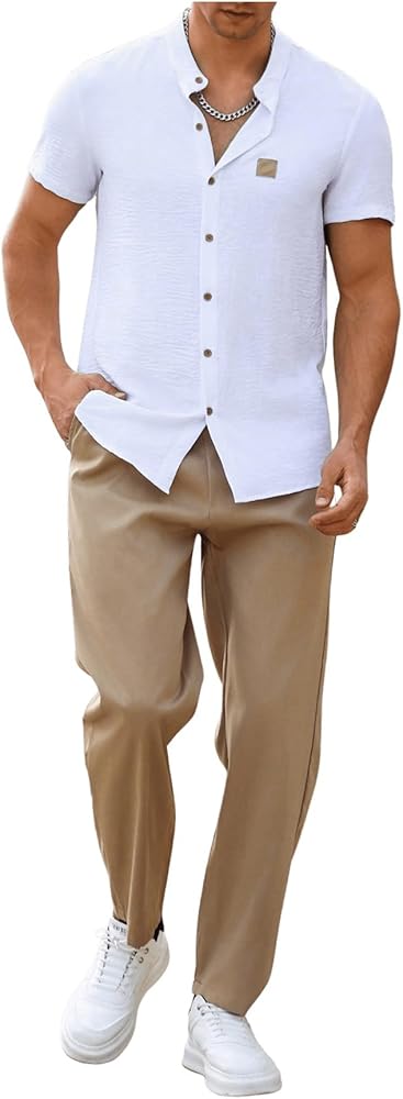 SOLY HUX Men's 2 Piece Outfits Short Sleeve Button Down Shirt and Drawstring Pants Set