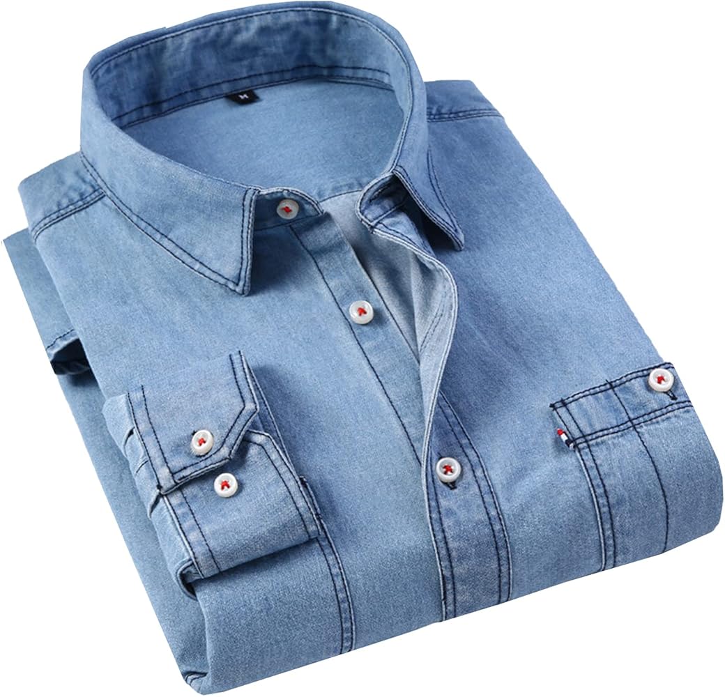 PEHMEA Men's Cotton Long Sleeve Button Down Denim Work Shirt Casual Lapel Chambray Tops