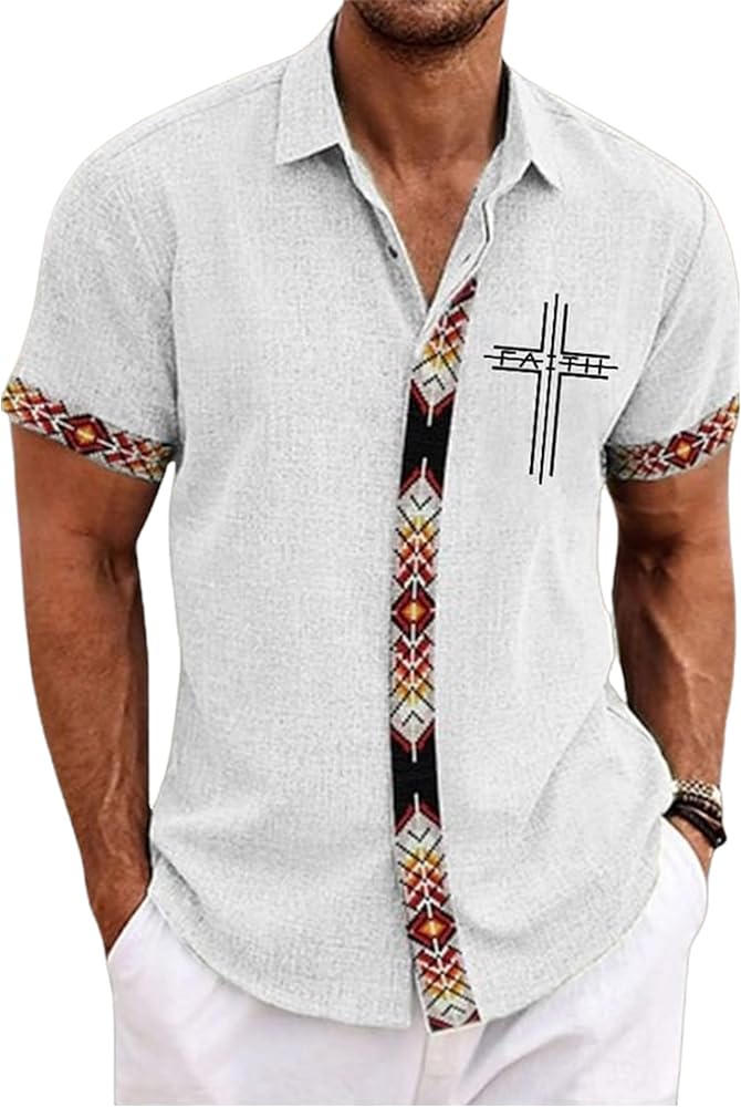 Faith Cross Mens Button down Short Sleeve Shirt Christian Shirts for Men Mens Vacation Shirts Hawaii Shirt