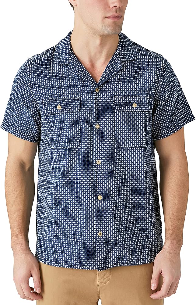 Lucky Brand Mens Short Sleeve Indigo Dobby Auto Body Buttoned Shirt