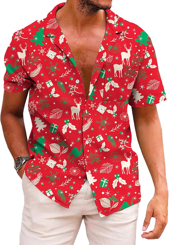 KYKU Hawaiian Shirts for Men Santa Claus Party Casual Button Down Short Sleeve Shirt with Pocket