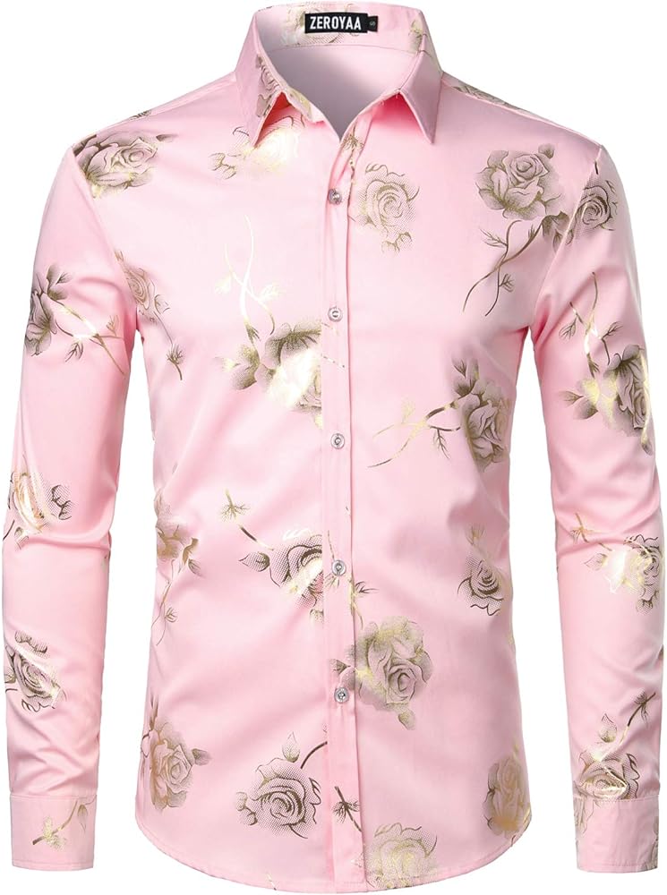 ZEROYAA Mens Hipster 3D Golden Rose Floral Printed Slim Fit Long Sleeve Button Down Dress Shirts