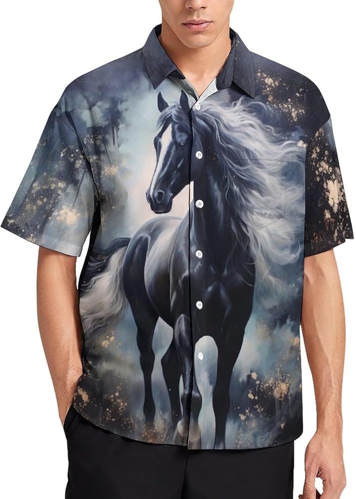 Men's Horse Graphic Button Down Shirts Novelty 3D Print Animal Pocket Short Sleeve Shirt