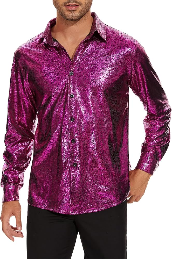 Zando Mens Disco Shirt Outfit Retro 70s Shirts for Men Sequin Glitter Long Sleeve Button Down Disco Outfits Party Costume