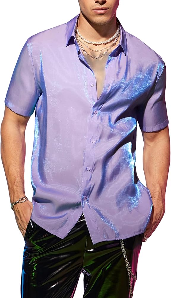 OYOANGLE Men's Casual Button Down Short Sleeve Collared Party Clubwear Shirt Tops Purple XL