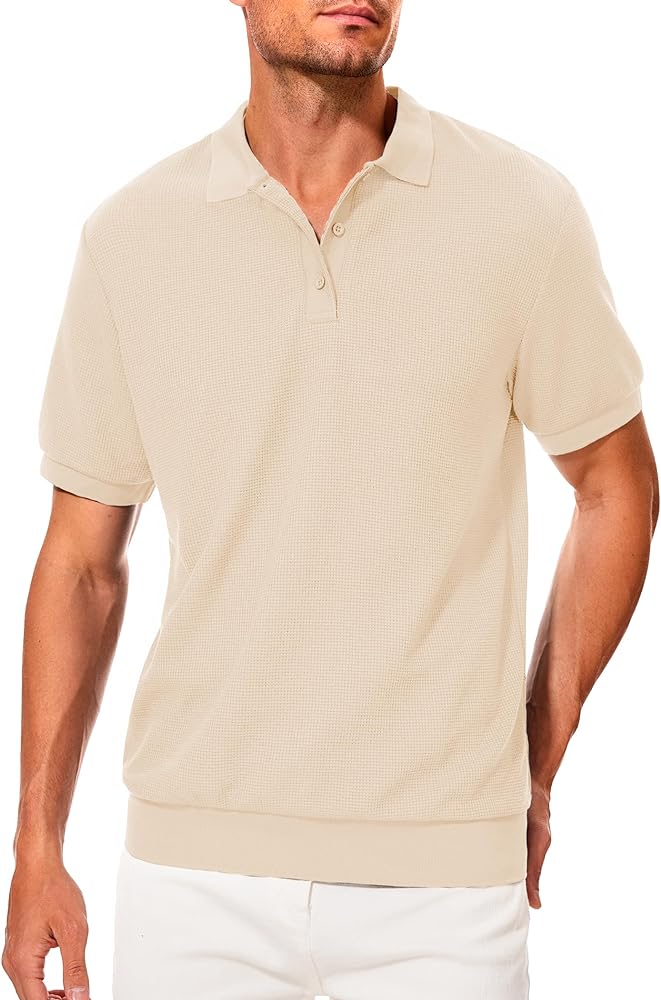 Men's Knit Polo Shirts Short Sleeve Button Down Polo Shirt Classic Fit Golf Shirts