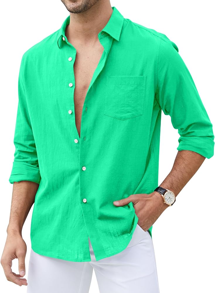 Men's Loose-Fit Long-Sleeve Untucked Cotton Linen Business Casual Button Down Shirt with Pocket