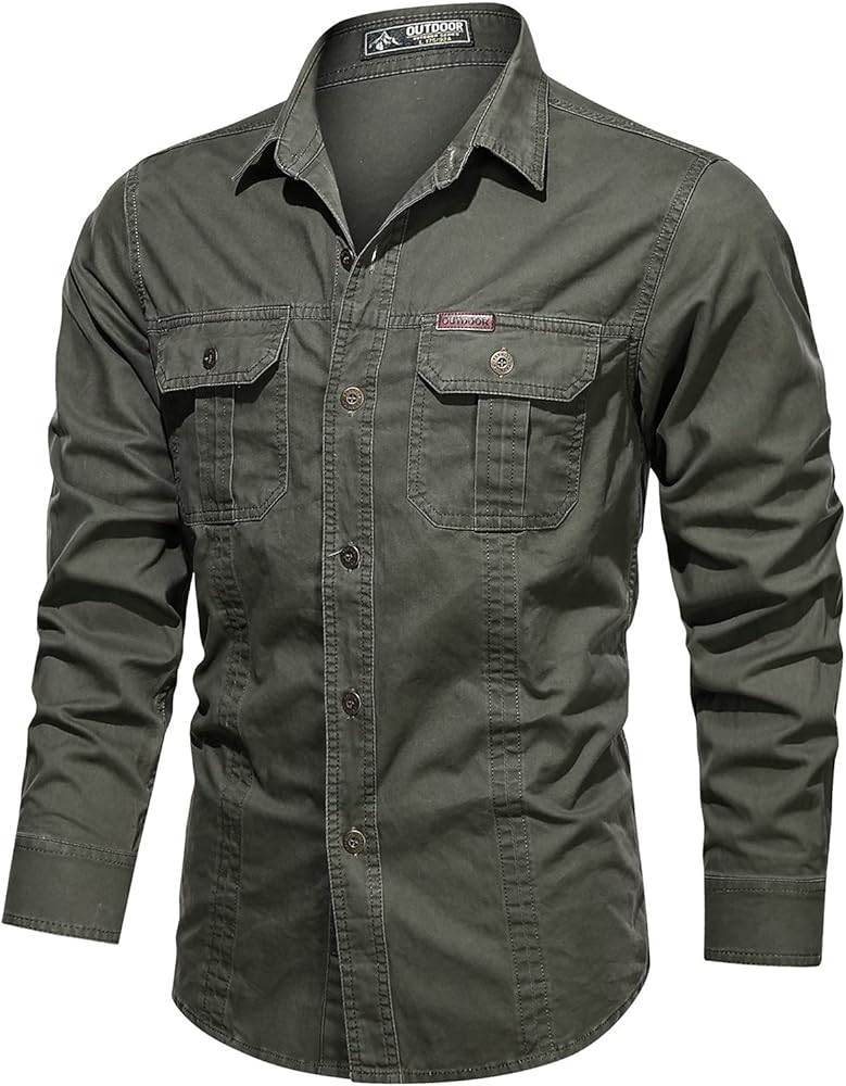 Mens Button up Long Sleeve Cargo Shirts Tactical Military Outdoor Shirts Big and Tall Hiking Shirts with Pocket