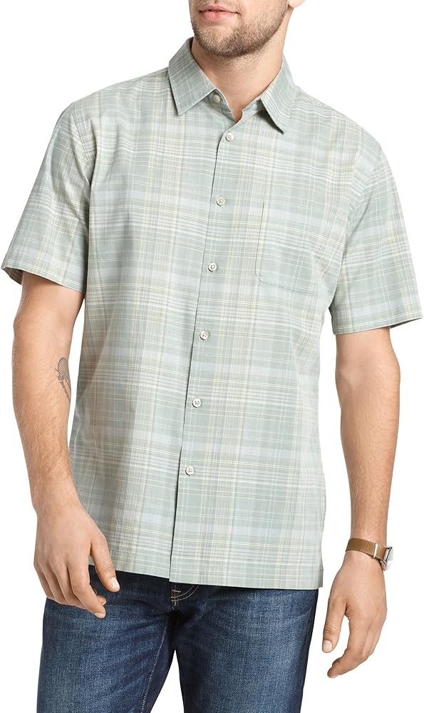 Van Heusen Mens Short-Sleeve Medium Plaid Faux Linen Button-Up Shirt