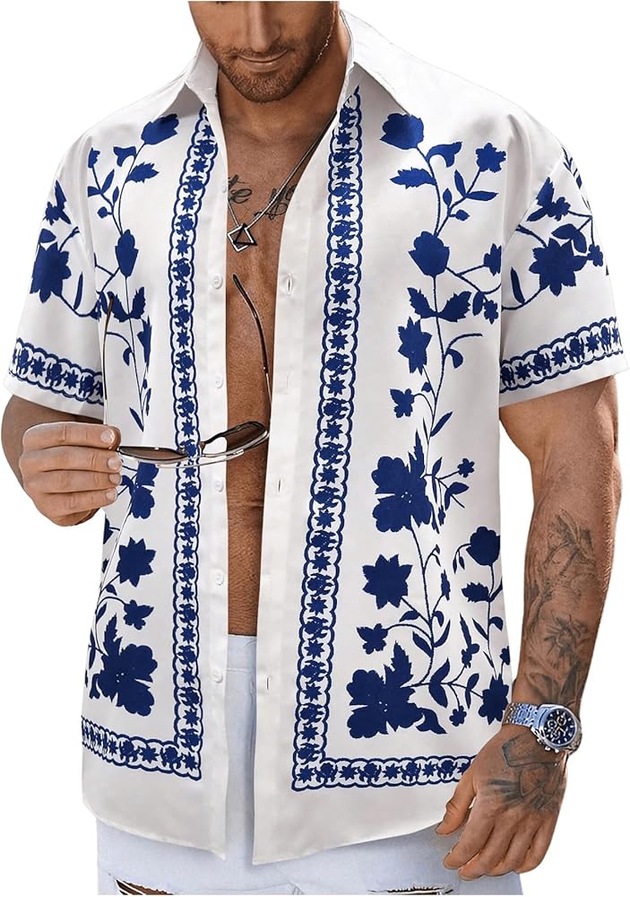 Men's Hawaiian Shirt Floral Print Button Down Shirts Casual Boho Short Sleeve Collar Summer Vacation Tops