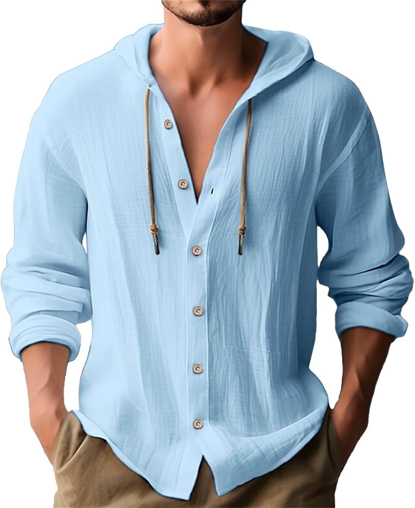 Mens Long Sleeve Linen Shirts Hooded V Neck Button Up Hoodies Casual Vacation Hawaiian Beach Yoga Hippie Shirts