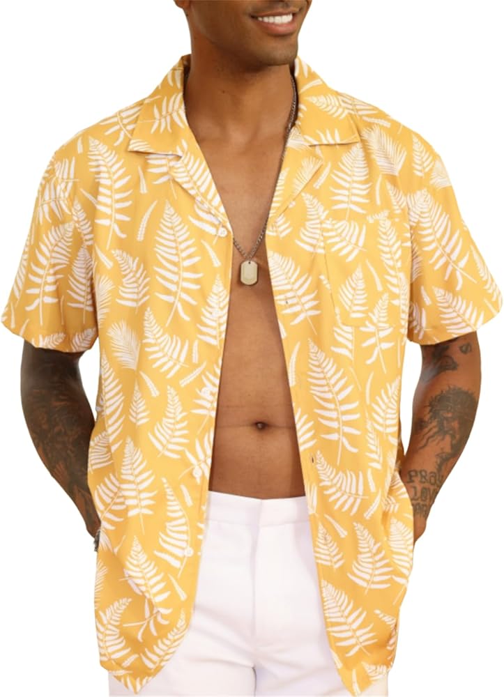 Men's Hawaiian Floral Shirt Casual Short Sleeve Button Down Shirts Tropical Holiday Beach Shirts with Pocket