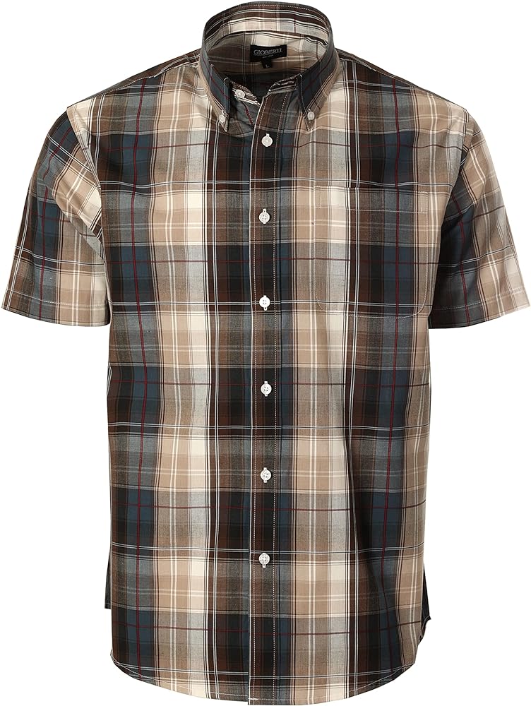 Gioberti Men's Plaid Short Sleeve Shirt, Khaki/Navy, X Large