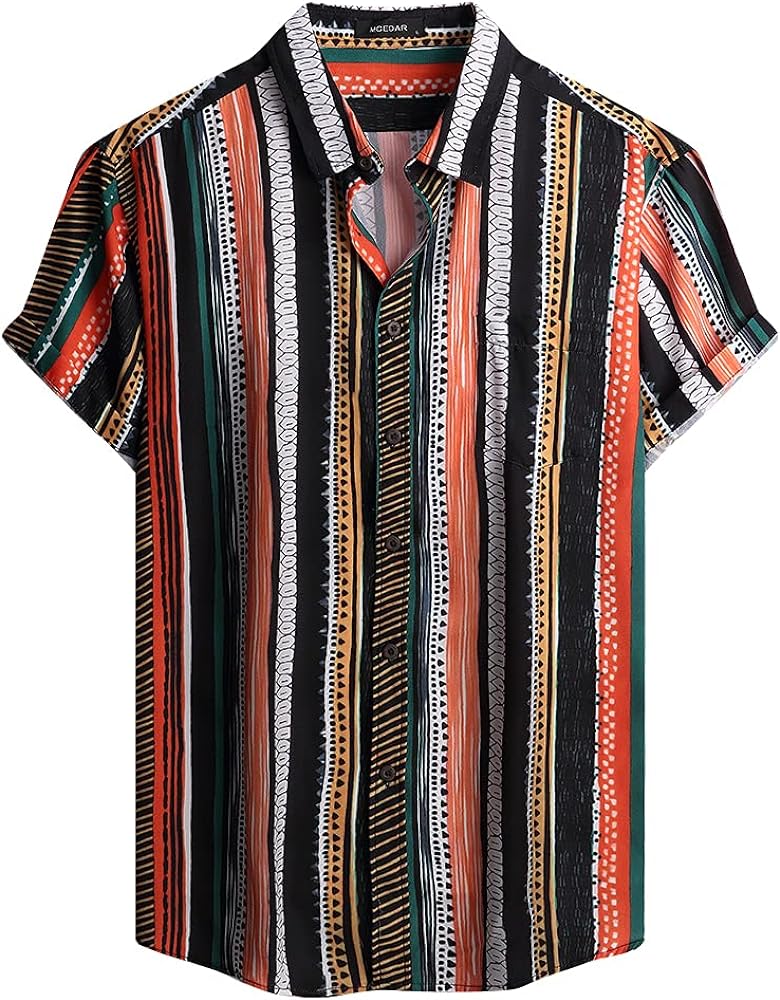 MCEDAR Mens Casual Button Down Shirts Short Sleeve Striped Summer Vintage Beach Vacation Shirt (Size S-5XL Big and Tall)