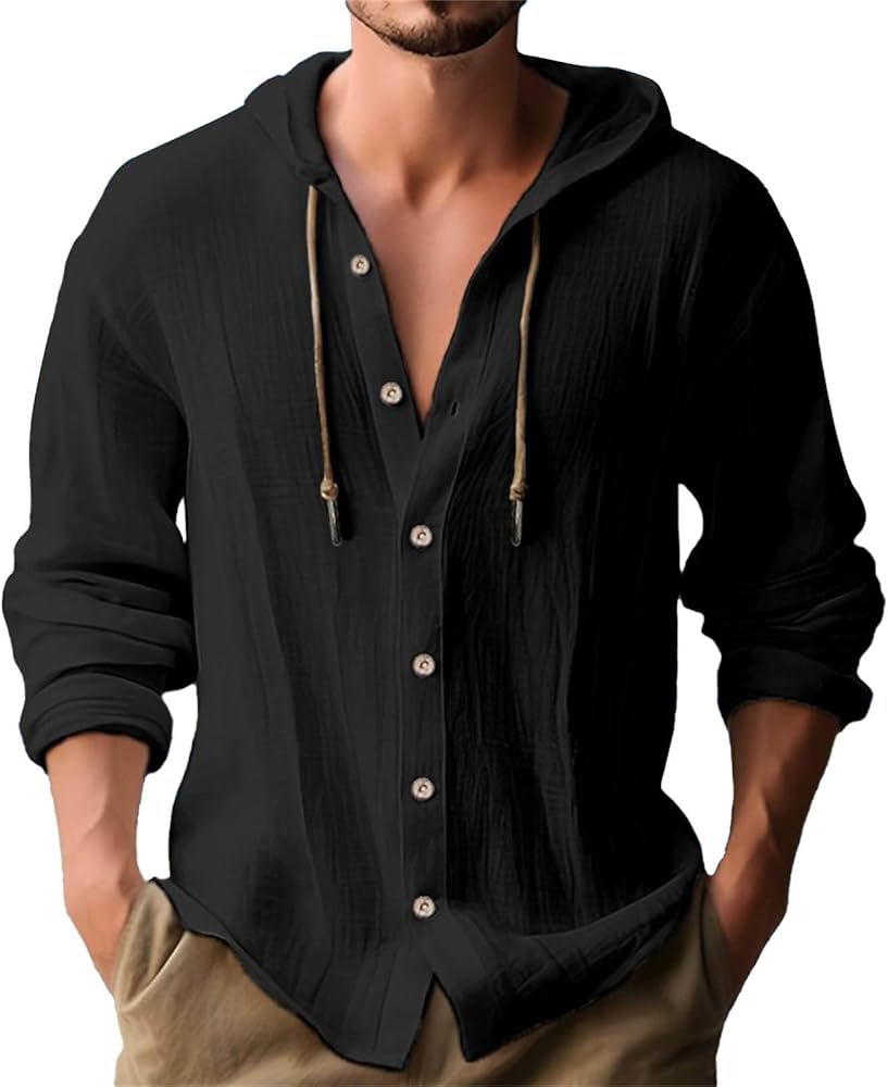 Mens Cotton Linen Hooded Shirts Casual Button Down Shirts Long Sleeve Roll-Up Sleeve Summer Beach Shirts Tops with Hood