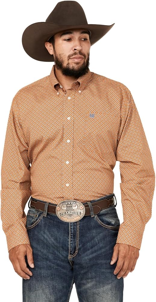 Cinch Men's Geo Print Long Sleeve Button-Down Western Shirt Orange X-Small