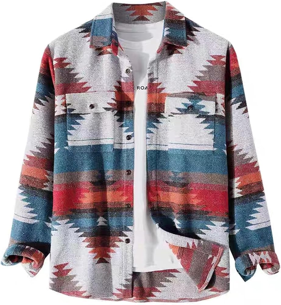 Men's Casual Aztec Print Button Down Woolen Long Sleeve Lightweight Lapel Western Shacket Jacket Coat