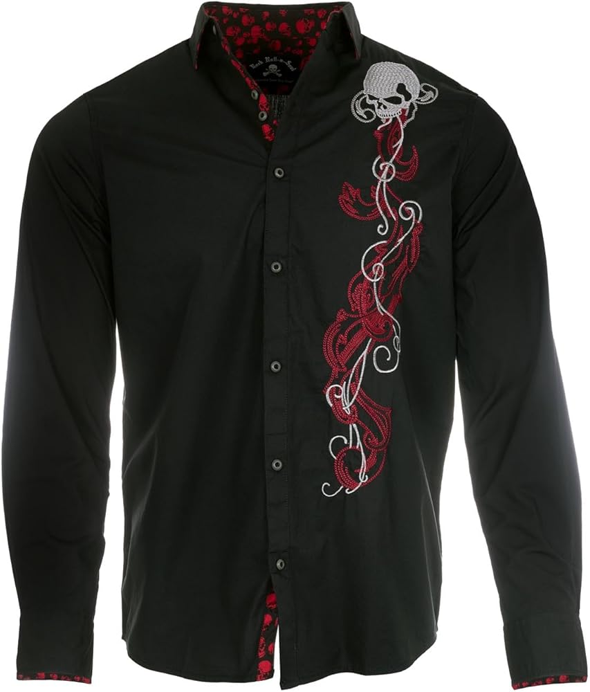 Rock Roll n Soul Men's Rock Shop Smoking Skull Embroidered Long Sleeve Button-Up Shirt