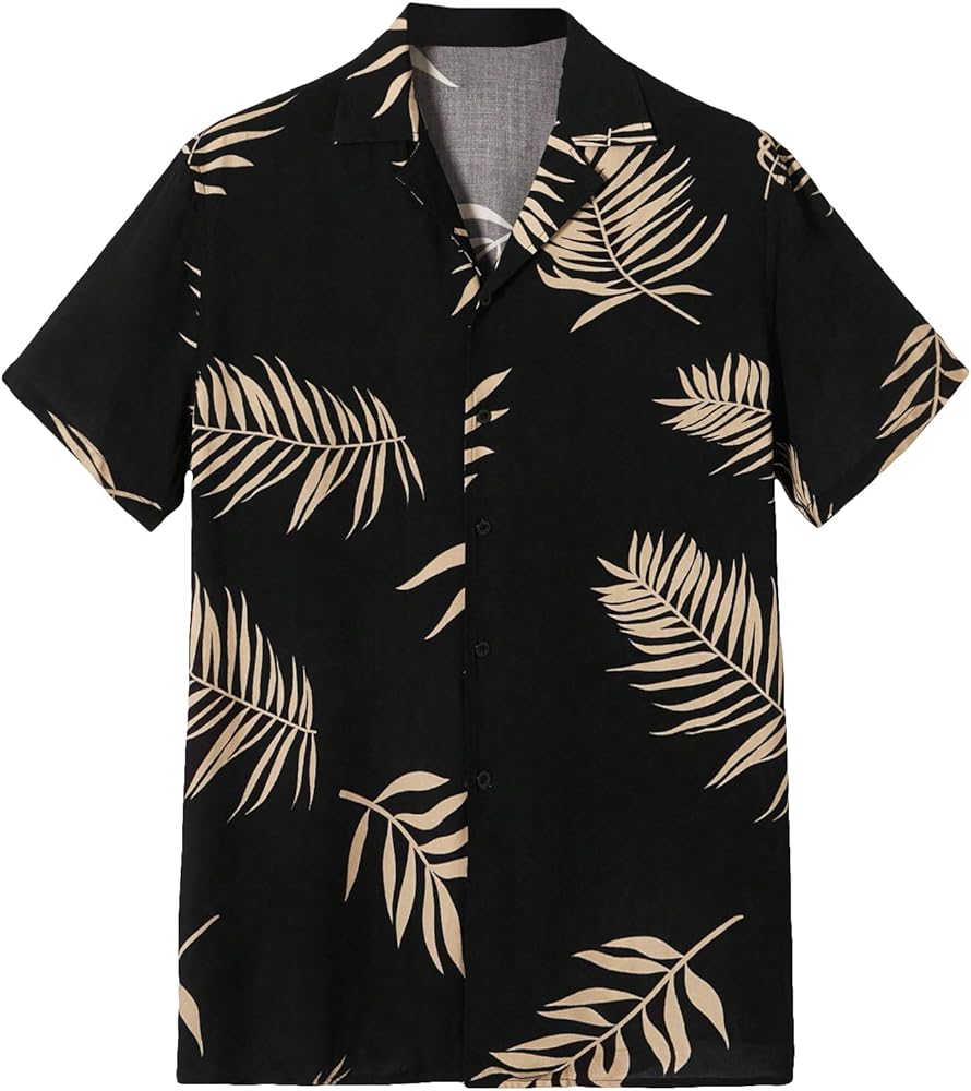 GORGLITTER Men's Floral Tropical Print Button Down Shirt Short Sleeve Color Block Collar Hawaiian Shirts Black Large