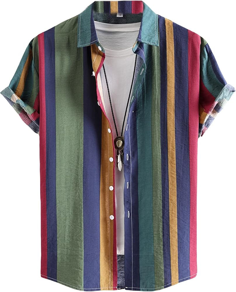 OYOANGLE Men's Color Block Striped Print Short Sleeve Button Up Casual Shirt