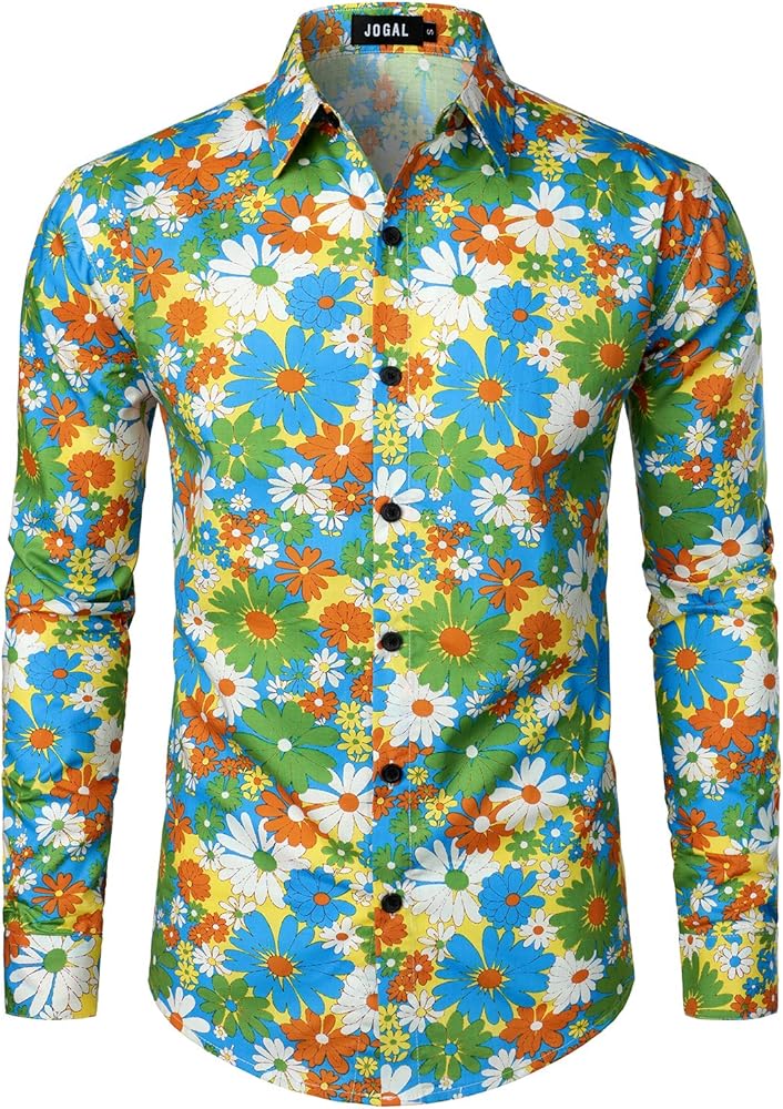 JOGAL Mens 70s Floral Dress Shirt Long Sleeve Printed Casual Button Down Shirts