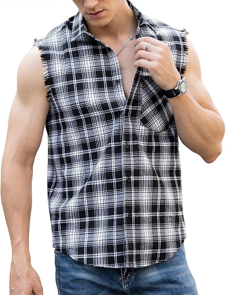 Men's Sleeveless Shirt Plaid Flannel Shirt, Button Down Casual Shirts Vest Shirt