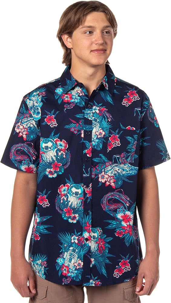 Star Wars Men's R2-D2 Millennium Falcon Hawaiian Print Button Down Adult Shirt