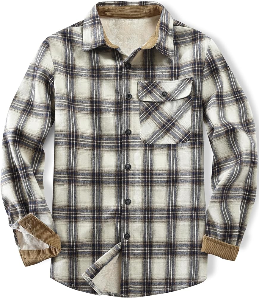 Men's Long Sleeve Flannel Shirt Plaid Button Down Casual Shirt with Corduroy Cuffs