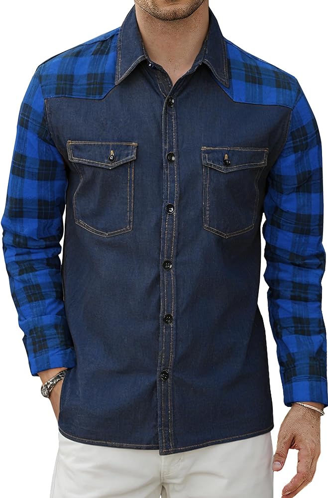 VATPAVE Men's Patchwork Denim Shirt Casual Plaid Shirts Button Down Long Sleeve Shirt with Pocket