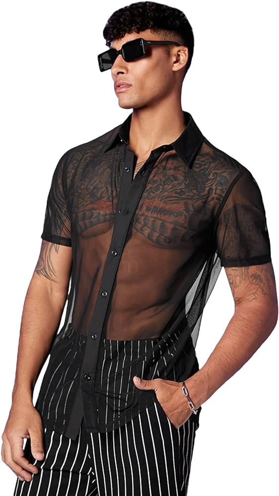 WDIRARA Men's Floral Lace See Through Button Front Short Sleeve Shirt Summer Tee Top