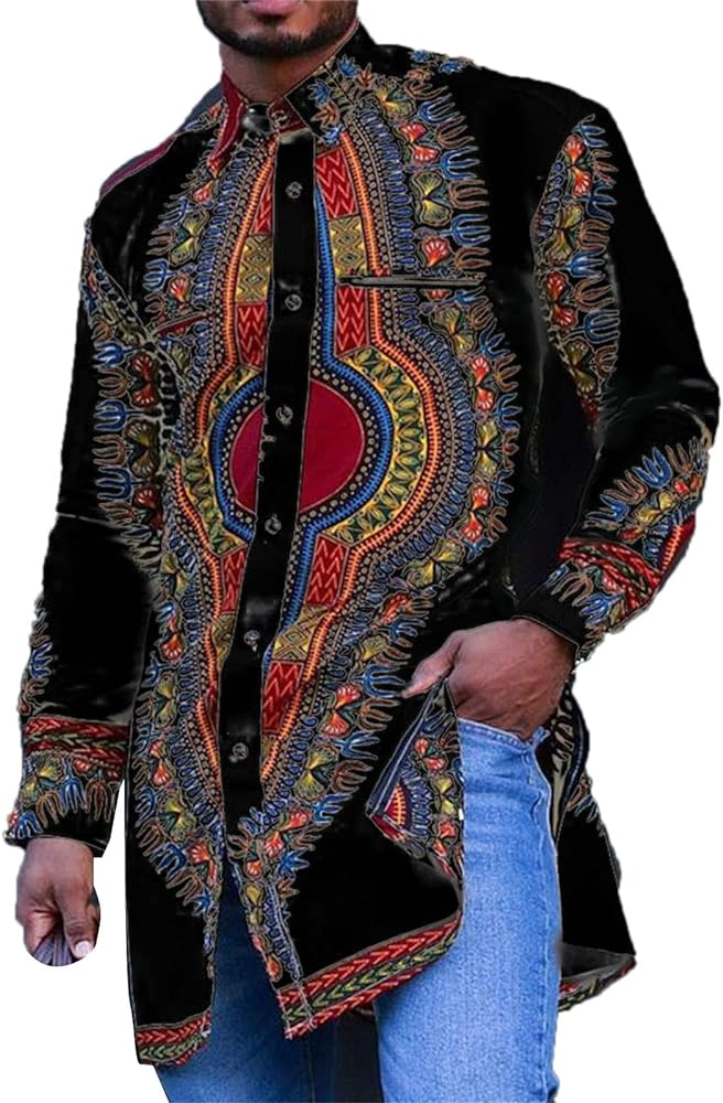 Men's African Kente Pattern Shirt Men's Kente Button Down Shirts Ethnic Muscle Fit Dress Shirts Men