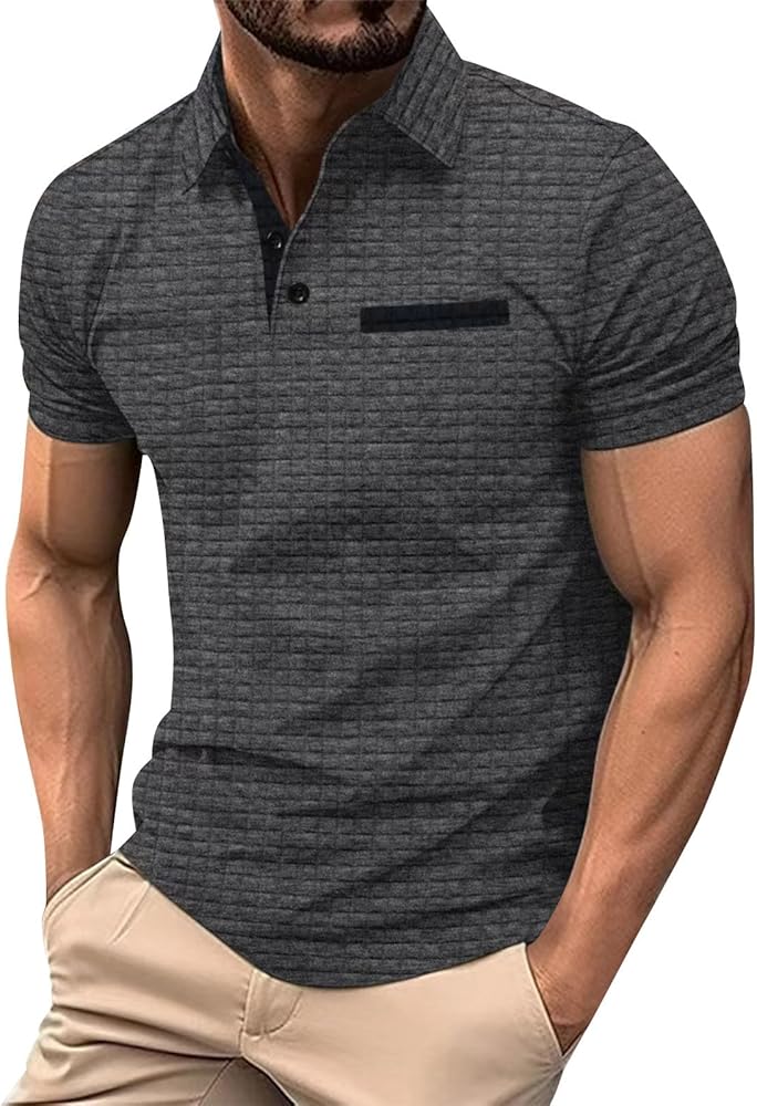 Polo Shirts for Men Casual Short Sleeve Button Lapel Golf Fit Tee Shirts Summer Fashion Solid Color Stripe Cozy Top