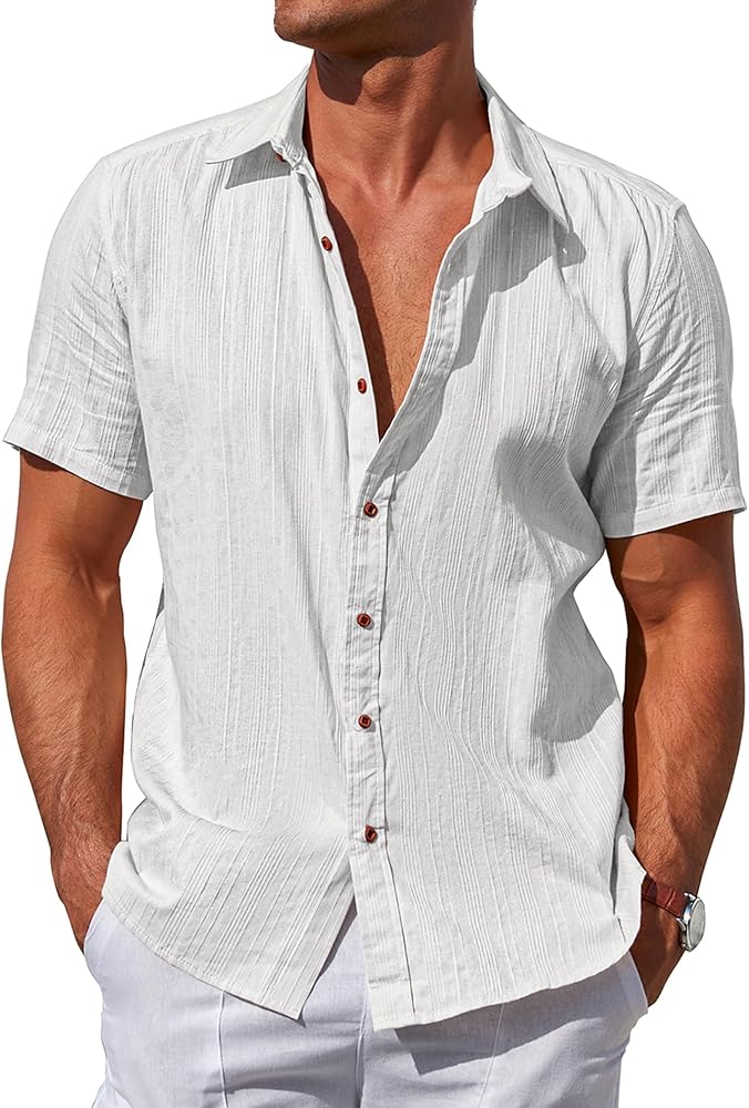 Mens Cotton Shirts Short Sleeve Cuban Guayabera Shirt Casual Summer Beach Button Down Shirts