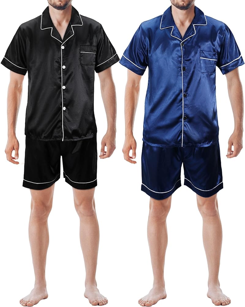 2 Sets Mens Satin Short Pajamas Sleepwear Set Button-down Shirt Soft Breathable Loungewear with Pockets