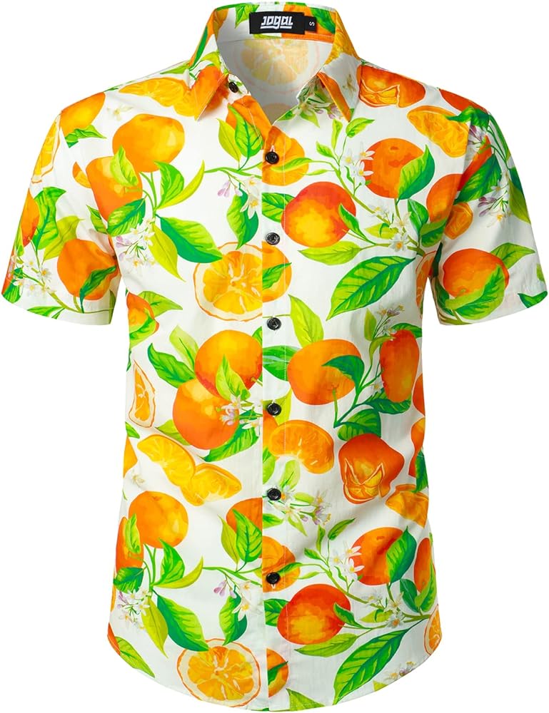 JOGAL Men's Cotton Button Down Short Sleeve Hawaiian Shirt