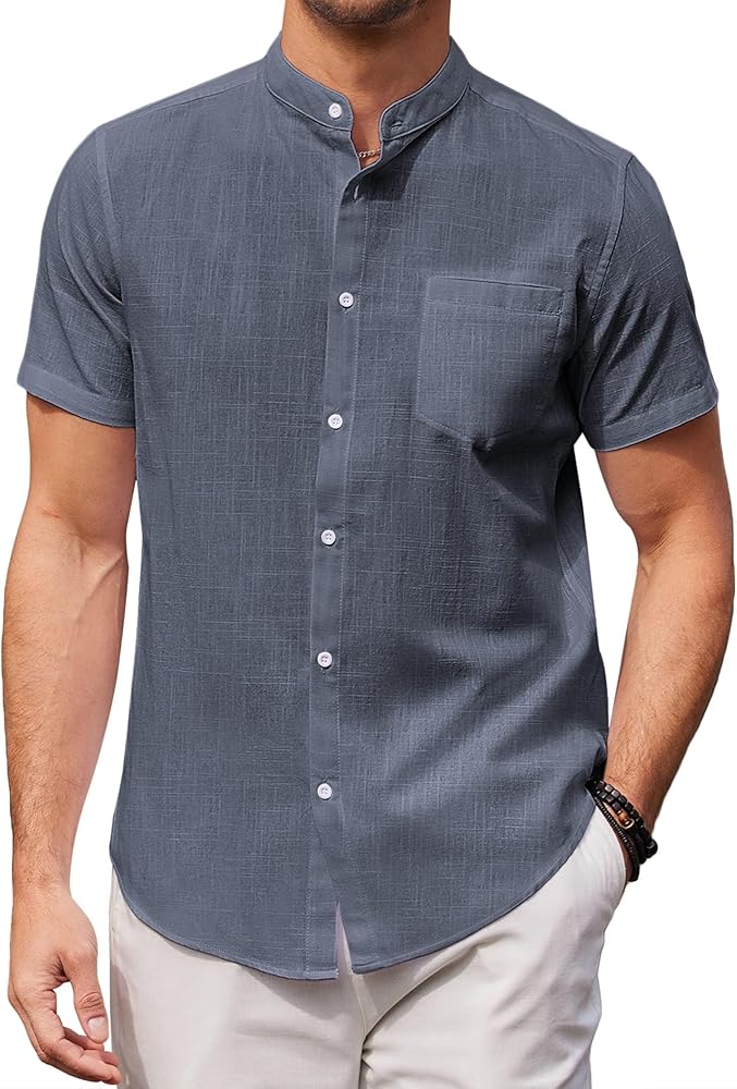 COOFANDY Men's Banded Collar Beach Shirt Cotton Linen Casual Button Down Short Sleeve Shirts