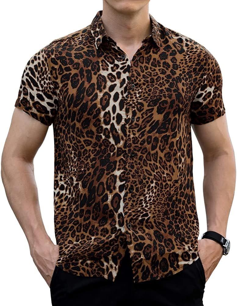 Mens Fashion Shirts Leopard Snakeskin Print Button Down Summer Short Sleeve Casual Shirt