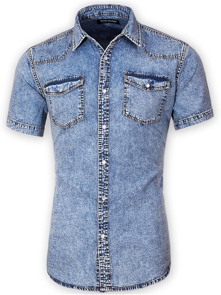 Men's Short Sleeve Double Pocket Snap Denim Shirt