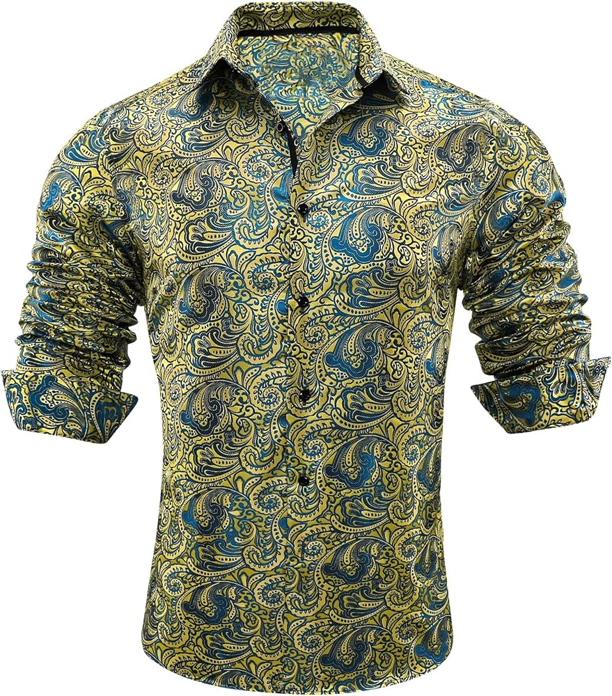 YOHOWA Men's Dress Shirt Silk Paisley Long Sleeve Button Down Dress Shirts Regular Fit Formal Casual