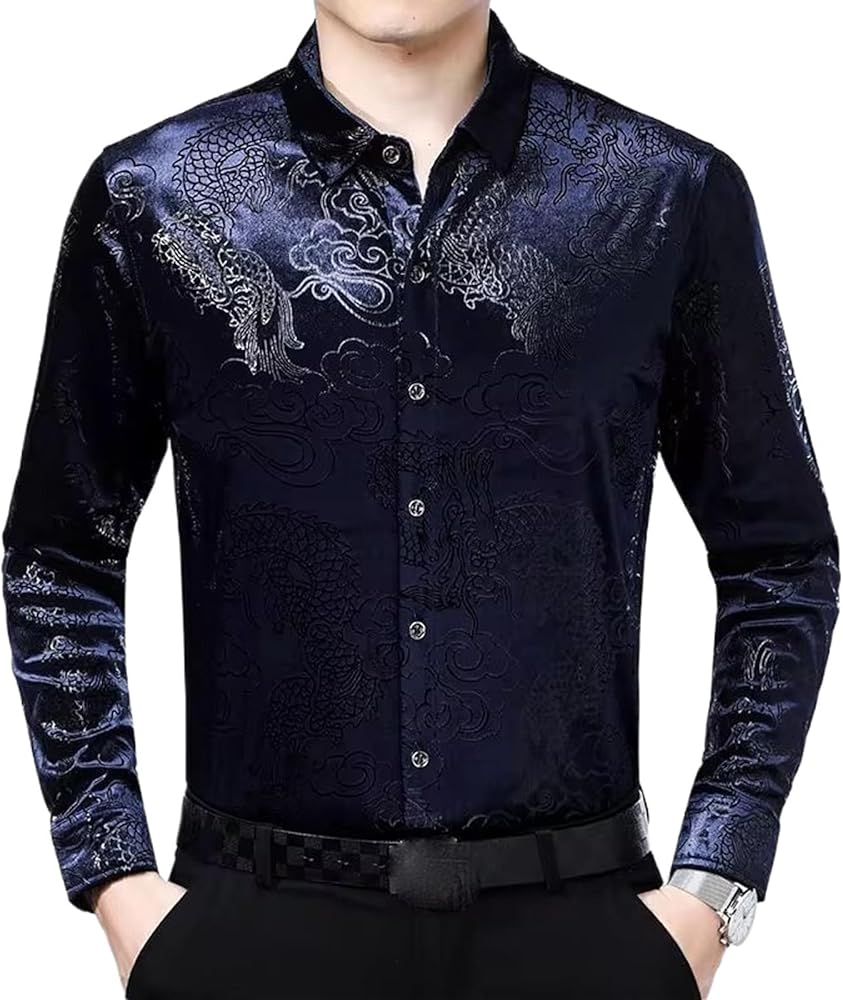 Chinese Dragon Embroidery Shirt Men Slim Fit Long Sleeve Casual Shirts Men's Button Down Social Party Shirt