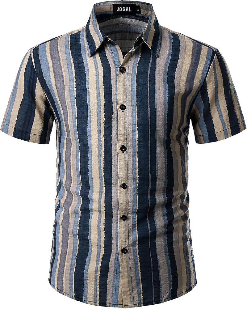 JOGAL Men's Rainbow Striped Summer Shirts Short Sleeve Button Down Casual Shirt