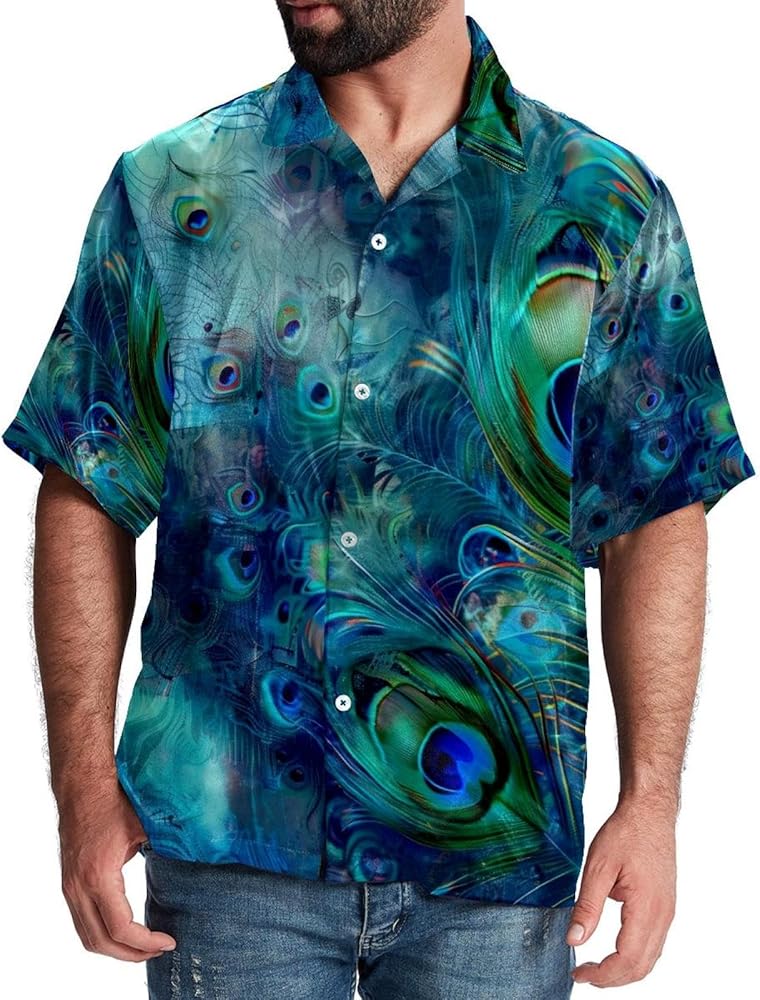 Men's Short Sleeve Hawaiian Shirt Summer Vacation Shirts, Abstract Peacock Blue Background