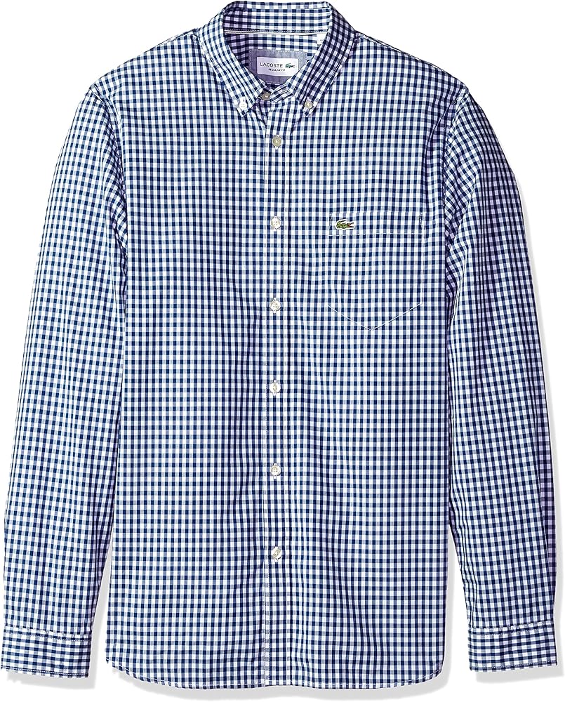 Lacoste Men's Long Sleeve with Pocket Gingham Poplin Regular Fit Woven Shirt, CH9559, Heritage Blue/White, 2XL