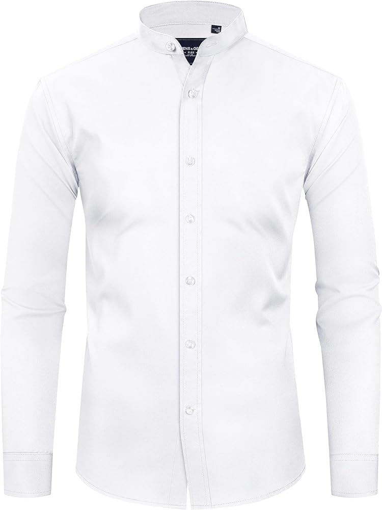 Alimens & Gentle Men's Banded Collar Dress Shirts Wrinkle Free Long Sleeve Mandarin Collar Button Down Shirt